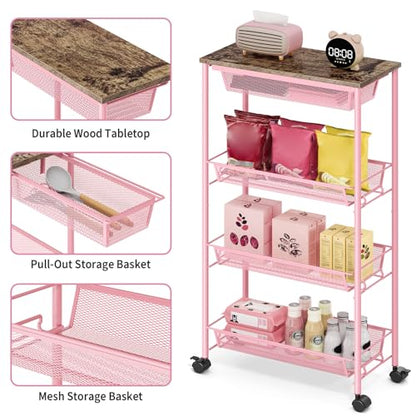 KINGRACK 4-Tier Slim Storage Cart, Metal Rolling Cart, Organizer with Wooden Tabletop and Drawer Basket, Mobile Shelving Unit for Kitchen, Bathroom, Laundry Room, Pink - color: Pink