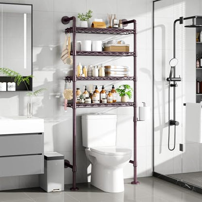 K3 Wall Mounted 4-Tier Over the Toilet Storage，Metal Above Toilet Storage with Paper Hook,Over Toilet Bathroom Organizer with Adjustable Shelf，Above Toilet Rack 9.7"Dx 25.6"Wx 74.3"H,Espresso