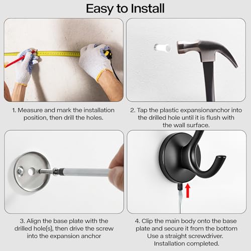 Towel Hooks-Coat Robe Hooks-Heavy Duty Metal Double Bathrobe Hook-Black Towel Hooks for Bathrooms-Kitchen Closet Garage（4Pcs Black） - color: Black