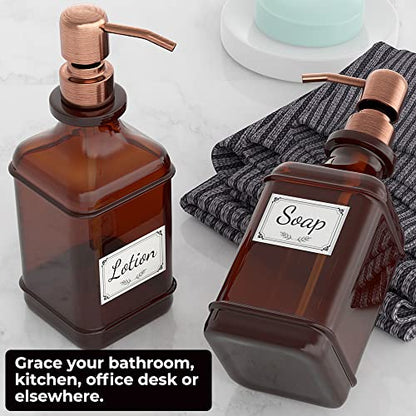 GLADPURE Soap Dispenser 2 Pack, Hand Soap Dispensers with 18 Oz Antique Design Thick Amber Glass Bottle, 316 Rust Proof Stainless Steel Pump, 6Pcs Stickers, for Lotion, Soap - Brushed Copper - color: Brushed Copper