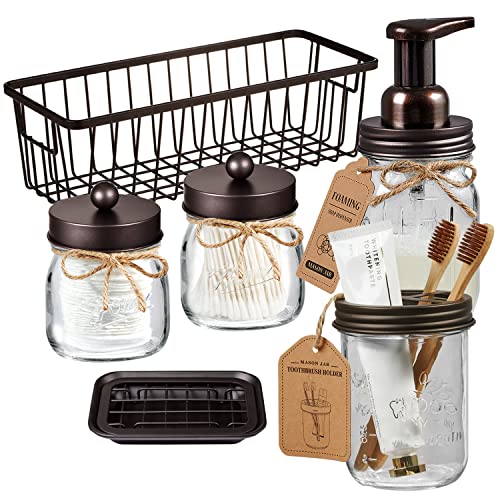 SheeChung Glass Mason Jar Bathroom Accessories Set, 6Pcs Farmhouse Decor | Bronze Counter Set, Foaming Soap Dispenser, Toothbrush Holder, Qtip Holder, Soap Dish, Wire Basket, Stainless Steel, Country - color: Bronze