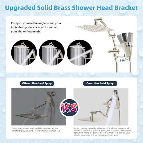 Hibbent All Metal CUPC Certified 10'' Rainfall Shower Head, Dual Shower Head Combo, High Pressure Handheld 4 Sprays Shower Wand, 16'' Adjustable Extension Arm, 71'' Hose, Shower Holder, Brushed Nickel - color: Brushed Nickel, style: Square 10''