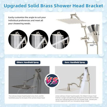 Hibbent All Metal CUPC Certified 10'' Rainfall Shower Head, Dual Shower Head Combo, High Pressure Handheld 4 Sprays Shower Wand, 16'' Adjustable Extension Arm, 71'' Hose, Shower Holder, Brushed Nickel - color: Brushed Nickel, style: Square 10''