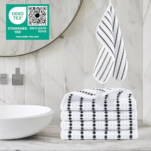 POLYTE 430 GSM Microfiber Lint Free Washcloth Face Towel, 13 x 13 in, 4 Pack (Waffle Weave) - color: White/Black