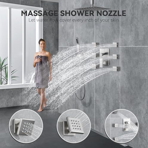 Rain Shower System With Complete 6 Pcs Body Sprays Jets And Pressured Balance Rough-in Valve,12Inch Rainfall Shower Head And Handheld, Modern Brushed Nickel Ceiling Mount Shower Faucet Sets - color: Brushed Nickel, style: Ceiling-Mount 6 Jets