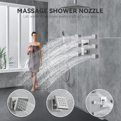 Rain Shower System With Complete 6 Pcs Body Sprays Jets And Pressured Balance Rough-in Valve,12Inch Rainfall Shower Head And Handheld, Modern Brushed Nickel Ceiling Mount Shower Faucet Sets - color: Brushed Nickel, style: Ceiling-Mount 6 Jets