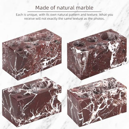 Natural Marble Toothbrush Holder, Rosso Lepanto, 6 Slots | Large Bathroom Organizer Countertop, Ventilation Design, Stone Toothbrush and Toothpaste Stand, Non-Slip Silicone Pads - color: Rosso Lepanto, size: 6 Slots