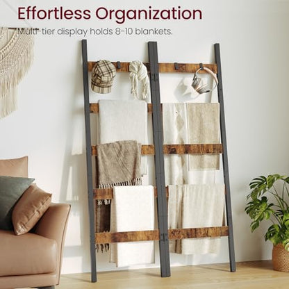 Foldable Blanket Ladder, 5-Tier Ladder Shelf, Decorative Ladder with 5 Removable Hooks, Wall-Leaning Blanket Holder for Towel, Scarves, Quilt Display Rack for Living Room, Rustic Brown