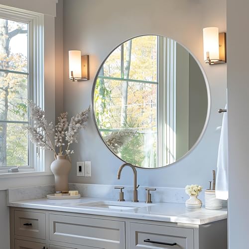 ANDY STAR Silver Round Mirror, 32" Brushed Nickel Bathroom Mirror, Stainless Steel Metal Framed Circle Wall Mirrors, Large Modern Vanity Mirror for Entryway, Living Room - color: Silver, size: 32"L x 32"W
