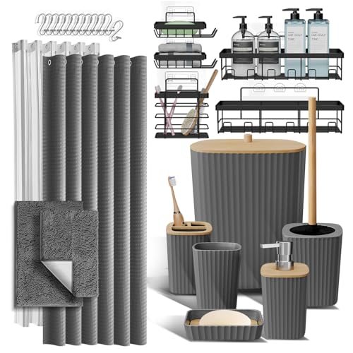 Clara Clark Bathroom Accessories Set - 27PC Bathroom Set with Adhesive Corner Shower Caddy Hanging, Bathroom Sets with Shower Curtain and Rugs, Grey Shower Curtain Set with Bathroom Trash Can | 27 Piece Grey Bathroom Sets with Shower Curtain and Rugs with