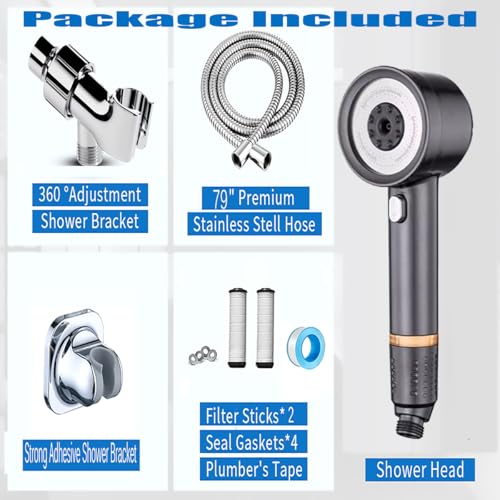 Shower Head with Handheld, High Pressure Shower HeadS with Pause Switch 4 Spray Modes Filter Showerhead with 79 in Hose, Adhesive Wall Mount，Bracket and Replace Filter (Grey)