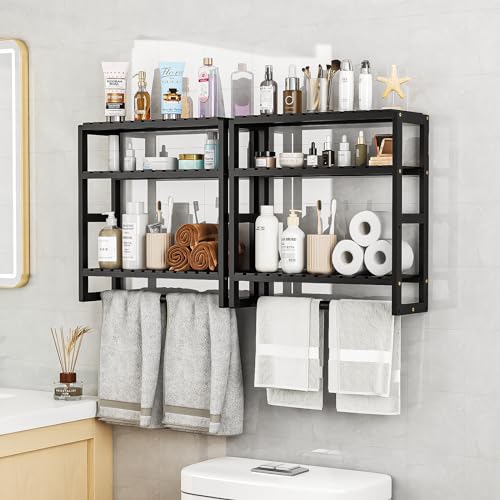 Galood Over The Toilet Storage Bathroom Shelves Wall Mounted Black Sets | 3 Tier Space Saver Corner Shelf Organizer Bamboo Towel Rack Toilet Paper Cabinet with Hanging Rod - color: Black 2pack, size: Standard