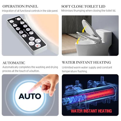 Electric Heated Bidet Toilet Seat, Elongated, S9BL | Fixed Panel Control, Instant Warm Water, Heated Seat, Warm Air Drying, Slow Close Lid, LED Display, Nightlight