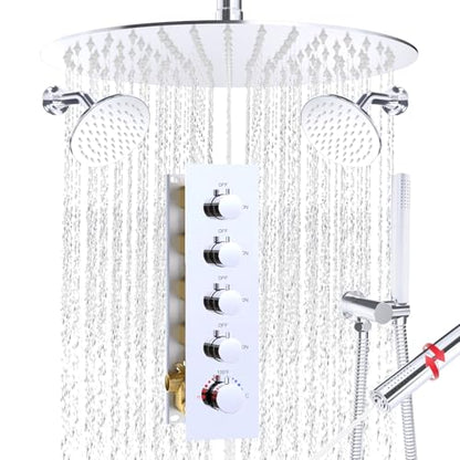 HOMEDEC 16inch Round Rain Full Body Shower Faucet Set with Dual 6" Wall Mounted Shower Heads, 4 Way Valve with 2-Function Handheld Shower, Chrome - color: Chrome, style: 4-Way + 2x 6" Top (No Jets)
