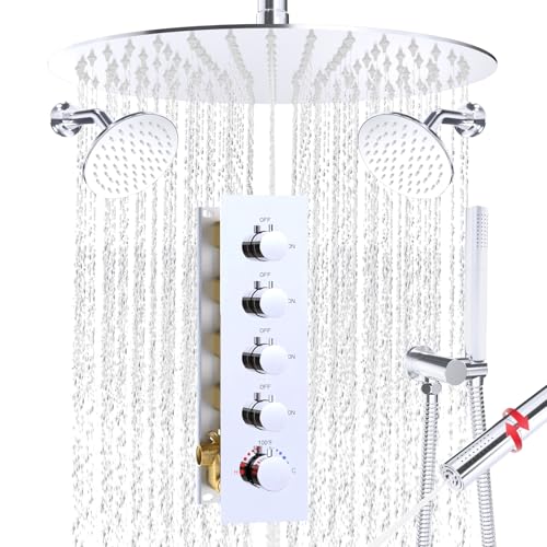 HOMEDEC 16inch Round Rain Full Body Shower Faucet Set with Dual 6" Wall Mounted Shower Heads, 4 Way Valve with 2-Function Handheld Shower, Chrome - color: Chrome, style: 4-Way + 2x 6" Top (No Jets)
