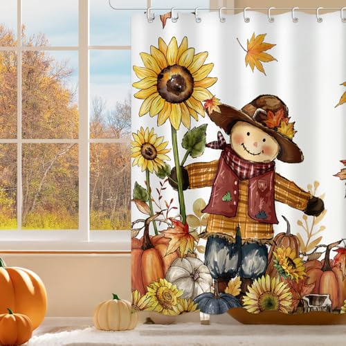 Scarecrow Pumpkin Harvest Shower Curtain Fall Bathroom Curtain Set 72"x72" | Autumn Thanksgiving Home Decor Waterproof Polyester Fabric with Hooks - color: Scarecrow