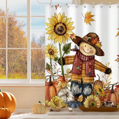 Scarecrow Pumpkin Harvest Shower Curtain Fall Bathroom Curtain Set 72"x72" | Autumn Thanksgiving Home Decor Waterproof Polyester Fabric with Hooks - color: Scarecrow