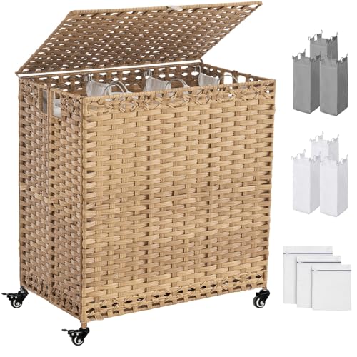 Laundry Hamper with Wheels&Lid, 50.2 Gallons(190L) Rolling Laundry Basket with Wheels, 3-Section Laundry Hamper, Handwoven Rattan Clothes Hamper with 6 Removable Liner& 3 Mesh Laundry Bags, Natural - color: Natural