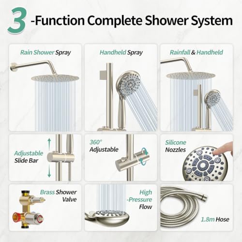 SR SUN RISE 12" Shower Faucet Set with Shower Slide Bar,Brushed Nickel | High Pressure Shower Head,6-Spray Setting,16"Adjustable Shower Slide Bar,Soild Brass,Wall Mount,Included Valve and Trim Kit - color: Brushed Nickel