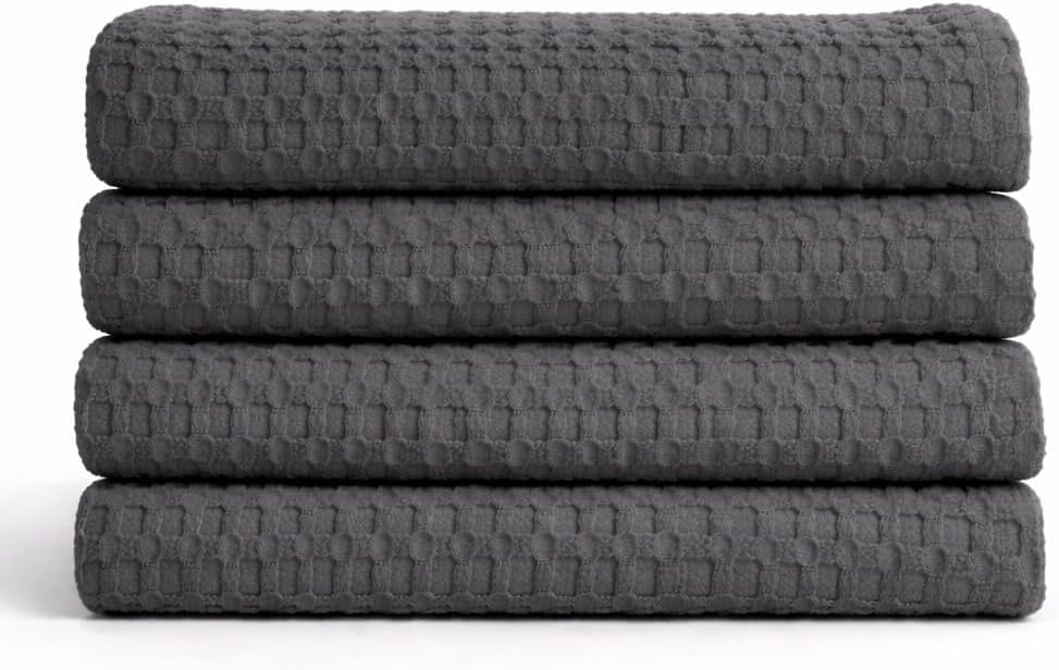 Bath Towels - 4 Pack Waffle Weave Bath Towels for Bathroom, 30x60 Inch, Cotton Towel Ultra Soft, Lightweight, Oversized, Lint Free - Steel Grey