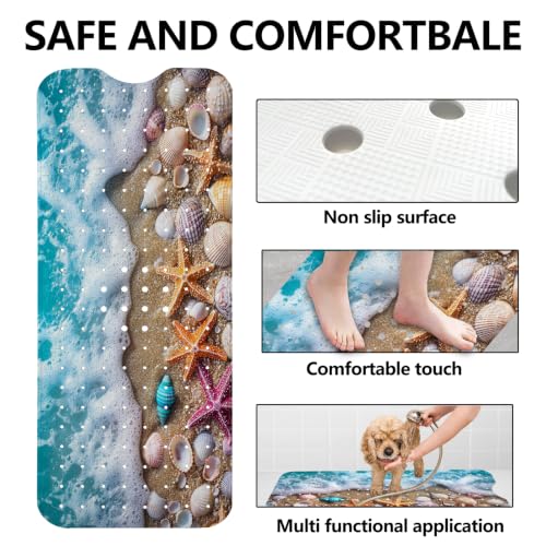 LNOND Summer Beach Bathtub Mat Non Slip, 40 X 16 Inch Tub Mat for Bathroom, Waves and Beach Bath Tub Shower Mat with Drain Holes and Suction Cups - color: Waves and Beach Bathtub Mat