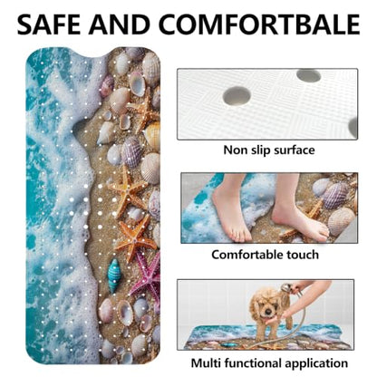 LNOND Summer Beach Bathtub Mat Non Slip, 40 X 16 Inch Tub Mat for Bathroom, Waves and Beach Bath Tub Shower Mat with Drain Holes and Suction Cups - color: Waves and Beach Bathtub Mat