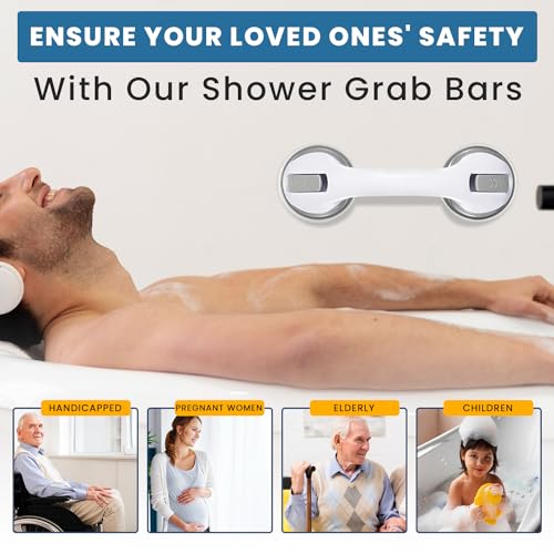 12-Inch Suction Grab Bars for Bathtubs and Showers - 2 Pack Heavy-Duty Bathroom Safety Handles for Seniors and Shower Chairs (Gray/White) Grab Bars can be attached to Tiles, Glass & Hard Plastic ONLY.