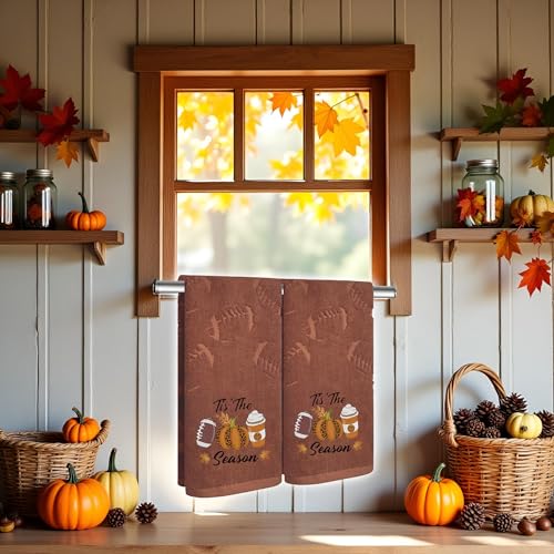 2 Pack Fall Hand Towel Jacquard Embroidered Cotton Kitchen Towels Farmhours Thankful Bath Towels Set Thanksgiving Bathroom Decor (Brown Football, 2*Hand Towel) - color: Brown Football