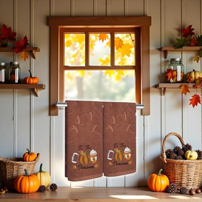 2 Pack Fall Hand Towel Jacquard Embroidered Cotton Kitchen Towels Farmhours Thankful Bath Towels Set Thanksgiving Bathroom Decor (Brown Football, 2*Hand Towel) - color: Brown Football