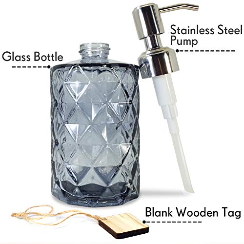 JASAI 12Oz Diamond Grey Glass Soap Dispenser with 304 Rust Proof Soap Pump | Dish Soap Dispenser with 304 Rust Proof for Kitchen, Bathroom Soap dispenser for Hand Soap, Liquid Soap - color: Gray