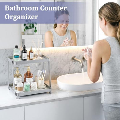 2-Tier Acrylic Bathroom Vanity Organizer, Silver | Bathroom Counter Storage Shelf with Marble-Look Tray, Holds Cosmetics, Perfume, Makeup & Skincare Products - color: Silver