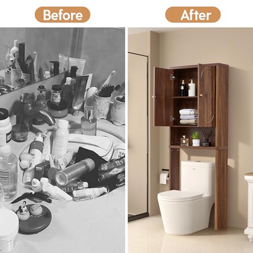 ORRD Fluted Over The Toilet Storage Cabinet, Bathroom Toilet Storage Cabinet with Door, Wood Curved Over The Toilet Space Saver Cabinets for Restroom Bathroom, Walnut