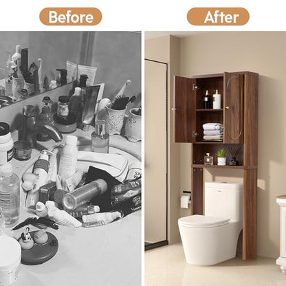 ORRD Fluted Over The Toilet Storage Cabinet, Bathroom Toilet Storage Cabinet with Door, Wood Curved Over The Toilet Space Saver Cabinets for Restroom Bathroom, Walnut
