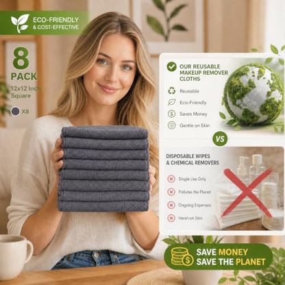 Nugilla Makeup Remover Cloth 12 x 12 Inch, Reusable Makeup Remover Towels for Washing Face, 8 Pack Washable Microfiber Face Cloth Fast Drying Washcloth, Grey - color: Grey