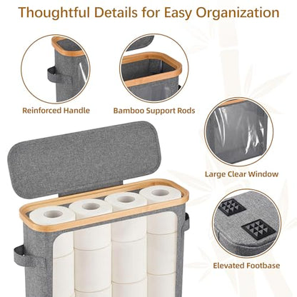 Livole Toilet Paper Storage Basket with Lid & Toilet Tank Basket | Free Standing, Large Capacity for 20 Regular Rolls or 15 Mega Rolls, Dual Handles, Clear Window, Bathroom, Grey - color: Grey