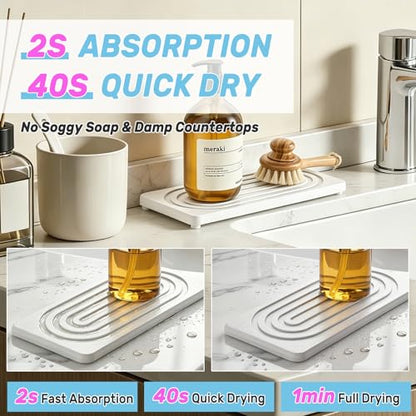 2 PCS Water Absorbing Stone Tray, Quick Drying Diatomite Sink Tray, Non-Slip Drying Mat for Bathroom Vanity & Kitchen Counter, Soap Dispenser Sponge Holder Organizer, White 8.3x4 Inch (White) - color: White