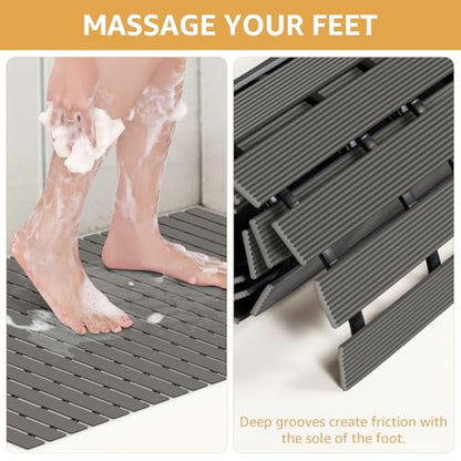 Yolife PVC Large Shower Mat, 35.4 × 24 Inch Non Suction Cup Non Slip Shower Floor Mat, Easy to Cut & Curlable Stand Up Shower Stall Mat, Heavy Duty Bath Shower Mats for Inside Shower - color: Grey