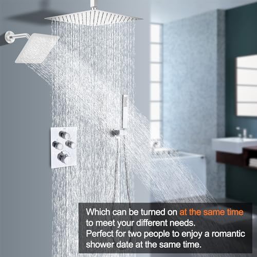 Dual Shower Heads Shower System with 16" Ceiling Mounted Rain Shower Head & 6" Wall Mounted Head Full Body Shower System 3 Way Thermostatic Shower Valve, Polished Chrome - color: Polished Chrome, style: 16inch+6inch