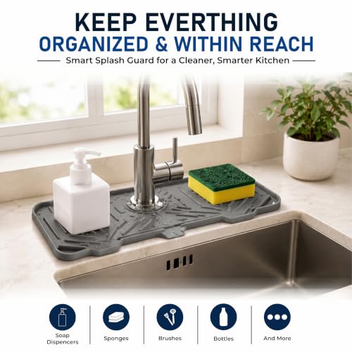 Sink Splash Guard [2-Pack, Grey] - 14.6" Silicone Faucet Mat for Kitchen Sink, Drip Catcher & Countertop Protector | Foldable Kitchen Sink Faucet Mat, Water Drainage Pad for Bathroom & RV