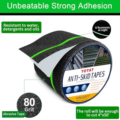 Glow in Dark Anti Slip Tape, 4" x50FT Heavy Duty Waterproof Safety Grip Tape for Stairs, Pool, Bathroom - Black & Glow Stripe Indoor/Outdoor Multi-Purpose Traction Tape - size: 4IN x 50FT