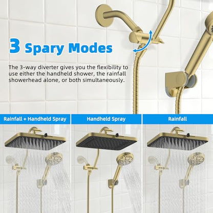 Hibbent 13'' 5-spray Rain Shower Head, 10-Spray Handheld, Brushed Gold | cUPC Certified High Pressure Dual Showerhead Combo, Upgraded Rainfall Shower Head, 12'' Extension Arm, 71'' Hose & Holder - color: Brushed Gold, style: Square 13''
