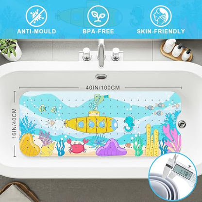 Upgrade Cartoon Baby Bath Mat Non Slip -40"x16" Extra Long Bathtub Mat for Baby Eco Friendly Durable Bath Mat for Tub Non Slip Kids Tub Mat with Suction Cups, Machine Washable and No Fading, Submarine - color: D-submarine