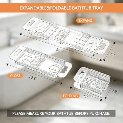 Expandable Bathtub Tray Caddy,Clear Acrylic Bath Tray for Tub,Bath Tub Table Tray with Book&Tablet&Phone Holder,Foldable Bath Shelf Over Tub,Bath Accessories&Bathtub Organizer for Luxury Home Spa