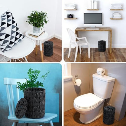 Ctosree 1.3 Gal Boho Woven Trash Can with Lid, Black | Braided polypropylene waste basket with handle and 100 garbage bags for bathroom, bedroom, office, or laundry. - color: Black, style: Braided Polypropylene