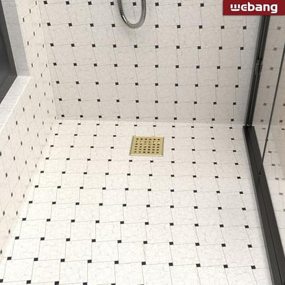 4 Inch Square Shower Drain Gold Floor Drain with Flange Square Holes Pattern Cover Grate Removable SUS304 Stainless Steel Watermark&CUPC Certified Brushed Gold - color: Brushed Gold, size: 4 Inch