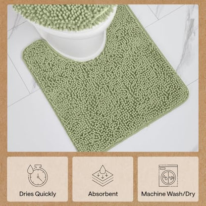 GORILLA GRIP Bathroom Rug Sets 3 Piece, Bath Mat Set and Oval Toilet Base with Rubber Backing, Plush Absorbent Shaggy Chenille Washable Mats, Includes 24x19.5, 24x17 and 36x24 Inch Rugs, Sage - color: Sage, style: 24"x19.5" + 24"x17" + 36"x24" - 3 Pack