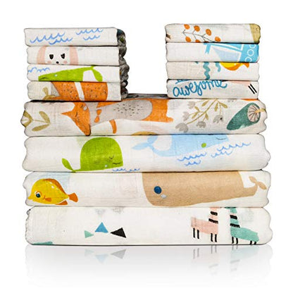 Baby Swaddle Blanket and Washcloths Set,12 Pieces Muslin Cotton Baby Swaddle Wrap and Wash Cloths Unisex for Boys and Girls, 4 Pack for 40 x 40 Inches and 8 Pack for 8 x 10 Inches - color: Animal Friends