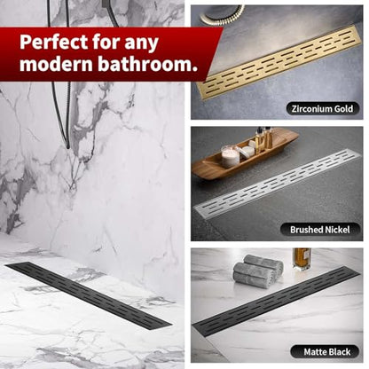 Sharp-tec Linear Shower Drain, 28 inch Shower Drain with Removable Pattern Cover, Matte Black 304 Stainless Steel Rectangle Floor Drain, Adjustable Feet and Hair Strainer Included (Model 101) - color: Matte Black, size: 28 inch