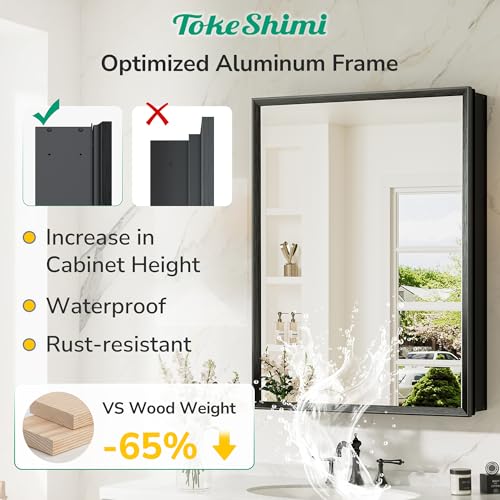 14 x 18 Recessed Medicine Cabinet, Assembly Required, Black Bathroom Medicine Cabinet with Mirror, Stepless Adjustable Shelves, Tempered Glass, Beveled Aluminum Frame - color: Black, size: 14x18 in