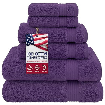 American Veteran Towel, 100% Cotton Turkish 6 Piece Towel Set, Luxury Towels Set of 6 for Bathroom Essentials, 2 Bath Towels 2 Hand Towels 2 Washcloths, Purple - color: Purple, size: XL 6PC